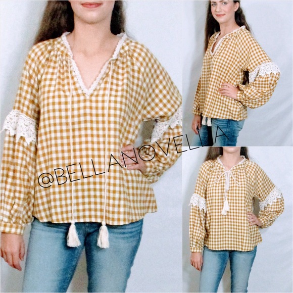 🔴 Mustard Yellow Gingham Plaid Boho Peasant Top - Picture 5 of 8